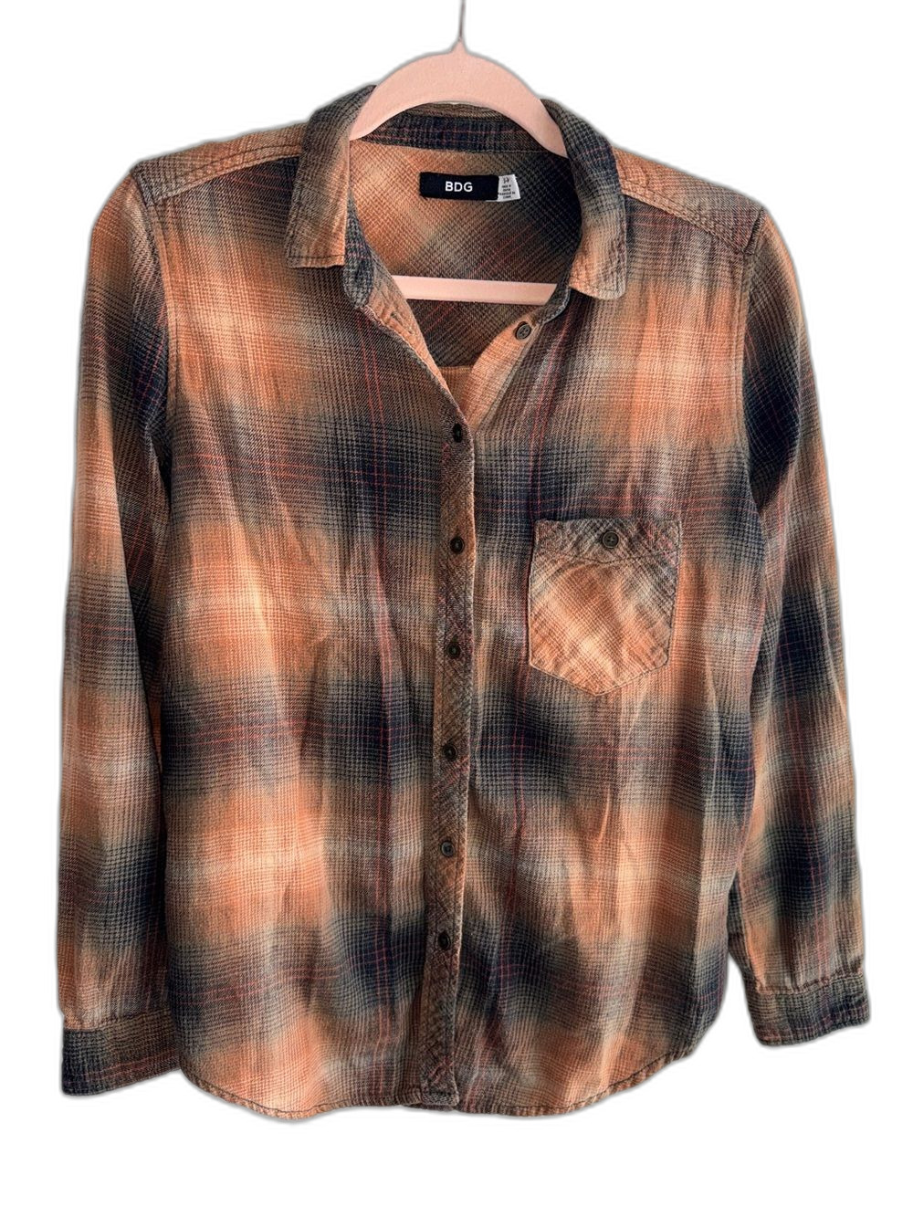BDG Plaid Button Down Shirt Flannel Top Orange Black Wash UO Cotton Small Fall